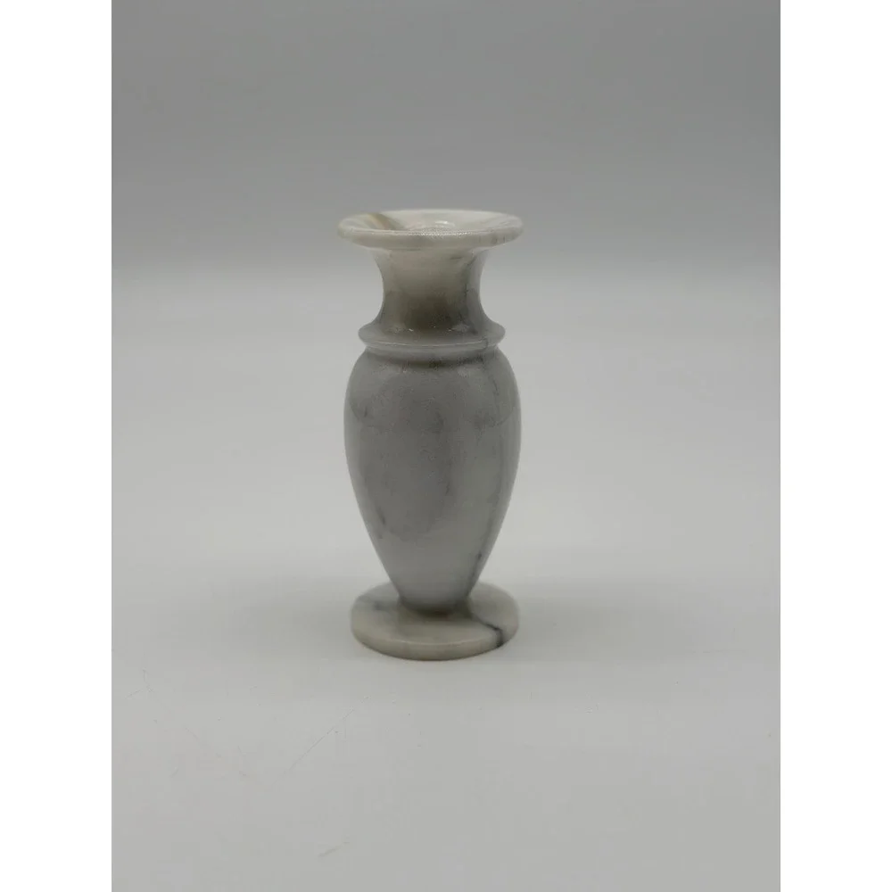 Vintage Grey White Veined Marble Bud Vase Polished Stone Urn 6.75 Inch